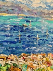 Italian Coastal Town Impasto Oil Painting On Canvas Abstract Italy Seascape
