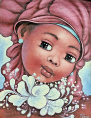 ORIGINAL HAITIAN ART PAINTING ARTIST NIXON PIERRE 4030 PORTRAIT OF GIRL W/FLOWER