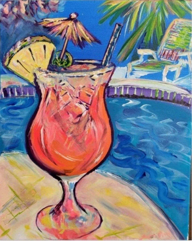 Original Tropical Paradise Poolside Beach Bar Coastal Wall Art 16 X 20