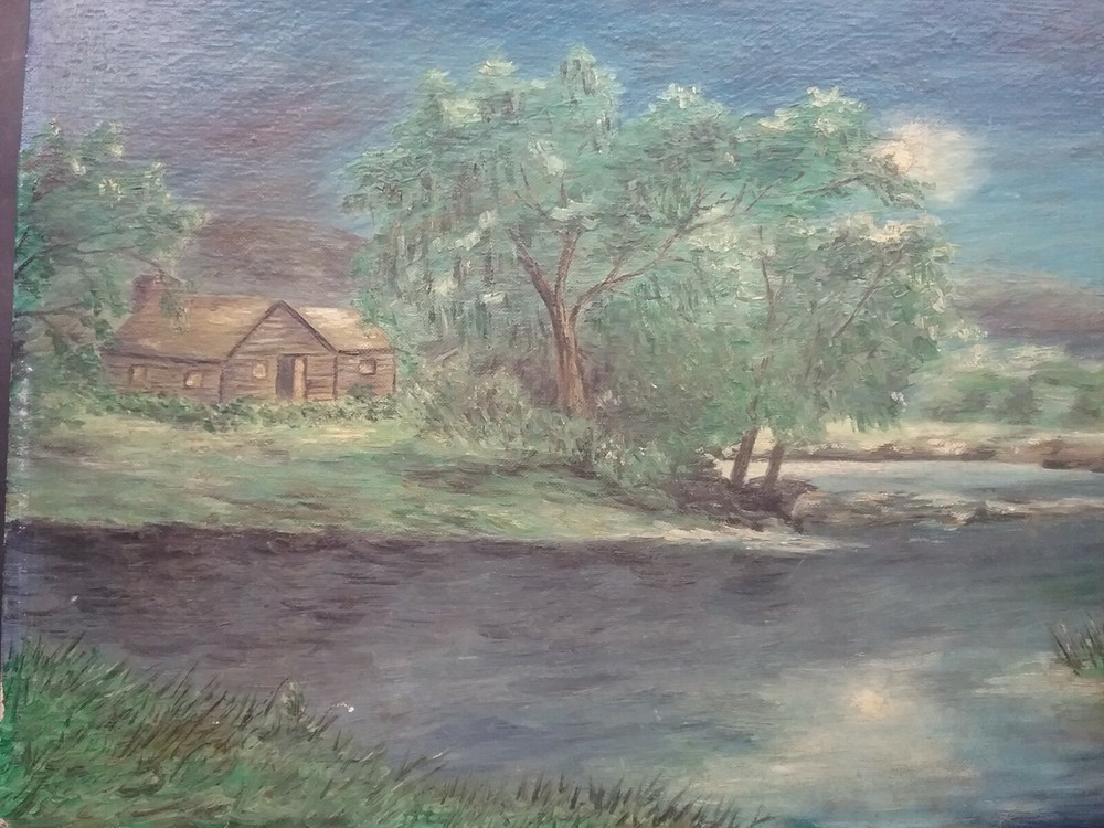 Vintage Oil Painting Night Lake Cabin Moon Light New England Country Cottage
