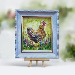 Chicken Original Oil Painting Bird Home Decor 3×2.5in Small Framed Art