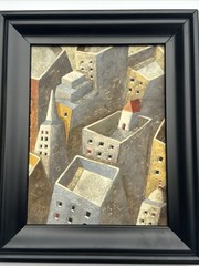 JORDI PINTO PAINTING CITYSCAPE ROOFTOPS CITY ARCHITECTURE CUBISM MODERNIST SMALL