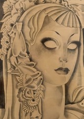 HERBERT FOUTS, fantasy dark magic beautiful woman. Birds. framed work on paper