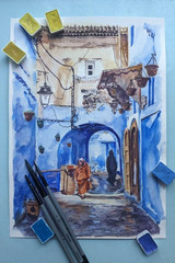 Сityscape Watercolor Original Painting European Architecture Old Town Artwork