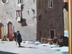 Snowfall in an Old Italian Village Winter Landscape Vintage Oil Painting signed