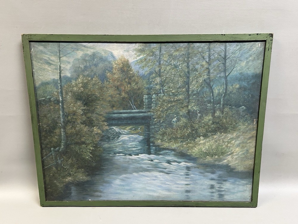 Blue-Green Landscape Flowing River Oil on Canvas
