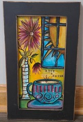 Original Acrylic Painting w/Frame, Coffee Art, Signed, 15″ x 8.5″