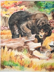 Beautiful Vintage Painting of Black Bear Mother and Cute Baby Cub Colorful Woods