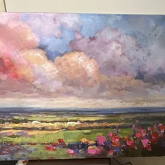 Large Impressionist Landscape Canvas Painting Clouds Field Flowers