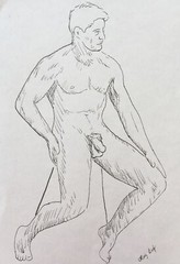 Fine ink drawing on paper, vintage, signed, male nude, Neoclassical