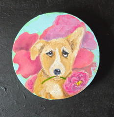 Сorgi & Peony Original Oil Painting 6 in Round Canvas Cute Dog Portrait Art