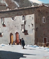 Snowfall in an Old Italian Village Winter Landscape Vintage Oil Painting signed