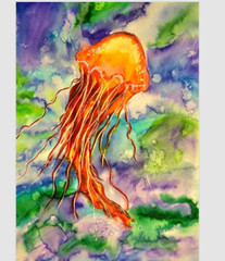 Jellyfish Watercolor Painting Wildlife Original Watercolor Art painting framed =