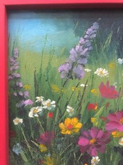 Original Oil Painting Frame Summer Meadow Flowers Miniature 4×6 in Signed