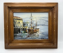 Vintage Original Oil Painting Nautical Fishing Boats Signed W. Jones