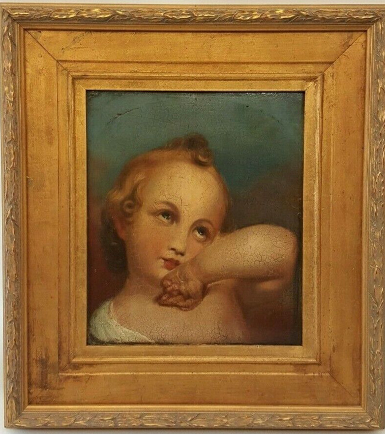 Antique renaissance girl painting framed 18×20 patina crazing on board