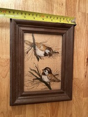 Art Paintings On Glass of 2 Birds/Sparrows Wooden Framed Over Burlap Backing