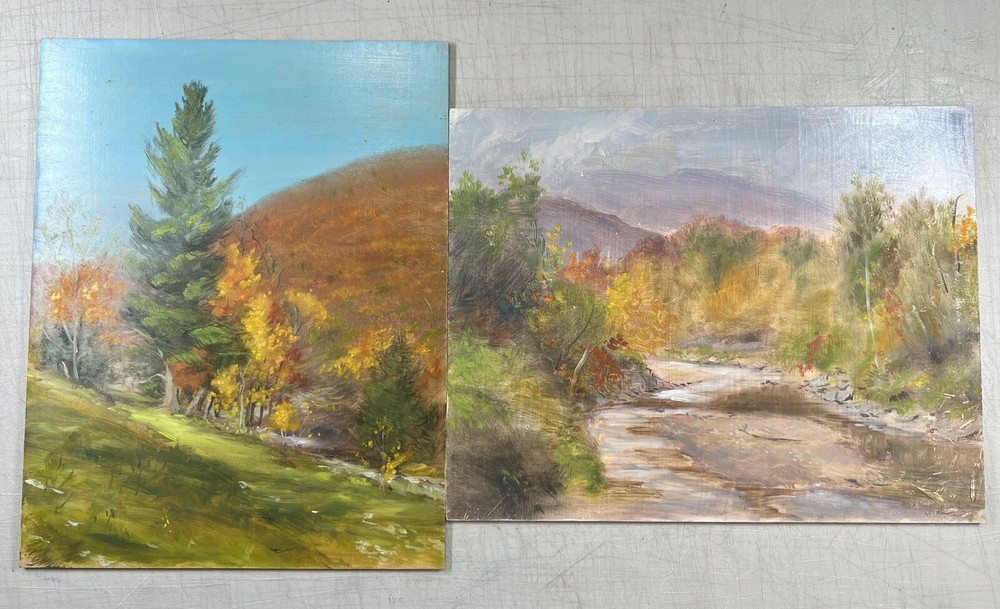 Set Of Fall Autumn Impressionist Oil On Masonite Paintings Vintage Unsigned