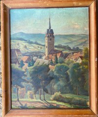 Church IN Valley Sommermorgen Oil Painting E. Hühl Signed Frame Antik Thuringia