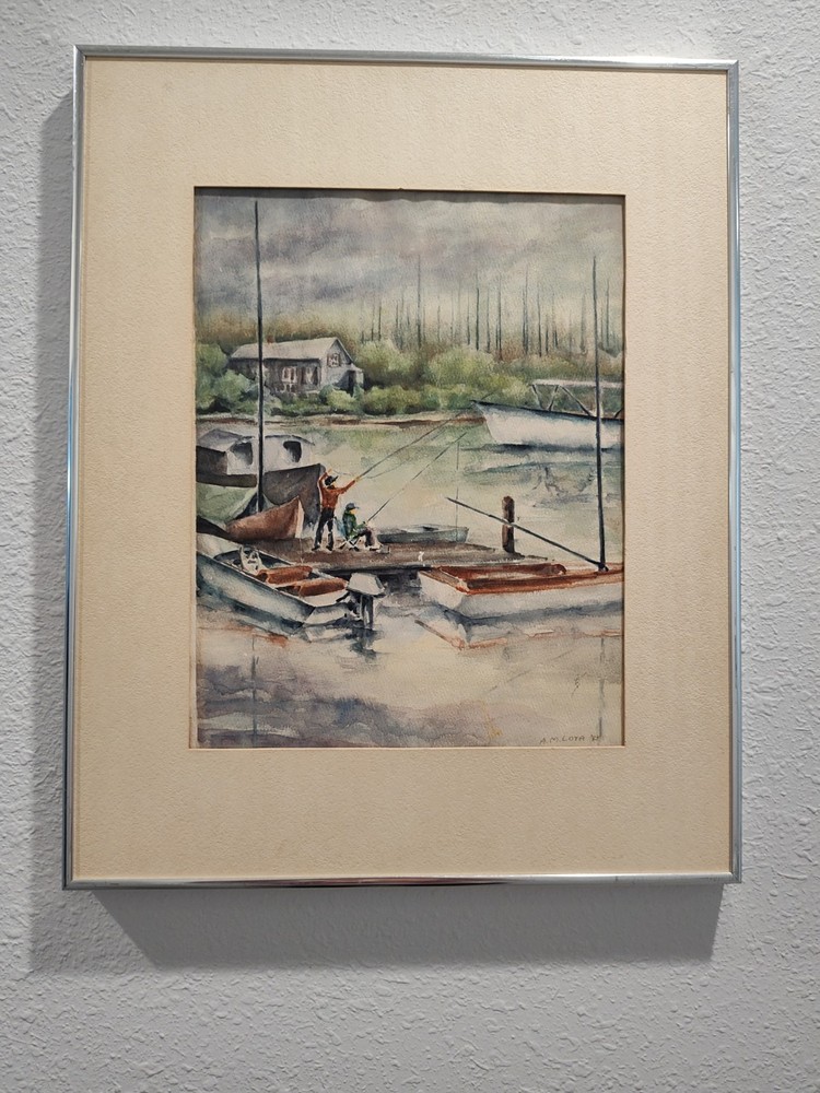 Watercolor Painting Fishing Pier Sailboats 1985 Signed A.M. Loya No Glass Frame