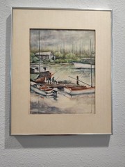 Watercolor Painting Fishing Pier Sailboats 1985 Signed A.M. Loya No Glass Frame
