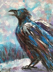 Original mini oil painting Screaming Black Raven on Snow wall decoration
