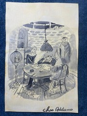CHARLES ADDAMS drawing and painting on old paper signed stamped vintage
