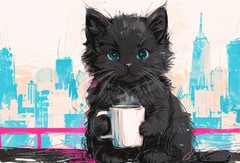 ACEO *Art Print* Black Kitty Cat Kitten White Coffee Cup & Big City by Saulite