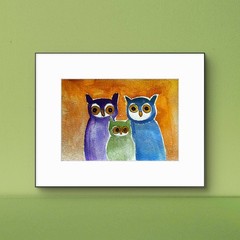 Owl Family Of Three Abstract Expressionist Original Watercolor Painting 5×7