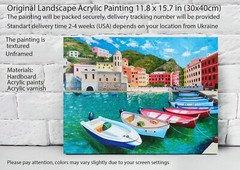 Italy Coast Textured Painting Impressionist Vernazza Italian Landscape Boats Art