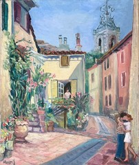 Vintage French Oil Painting Bagnols Village Provence Kissing Couple Signed