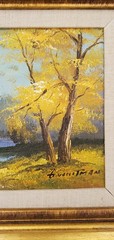 LANDSCAPE PAINTING river through trees canvas art in wood frame SIGNED by artist