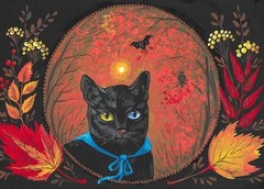 ACEO PRINT OF PAINTING RYTA BLACK CAT HALLOWEEN FOREST VINTAGE STYLE FOLK ART 🎃