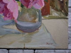 Floral still life with roses flowers Original Antique Oil Painting Signed Art