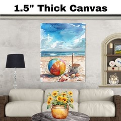 Watercolor olorful Ball, Shells, Metal Pail, and Shovel on Sandy Shore Canvas