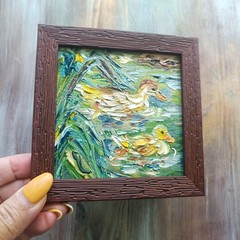 Original Oil Painting Duck Duckling Art Miniature Framed Art 4×4 in