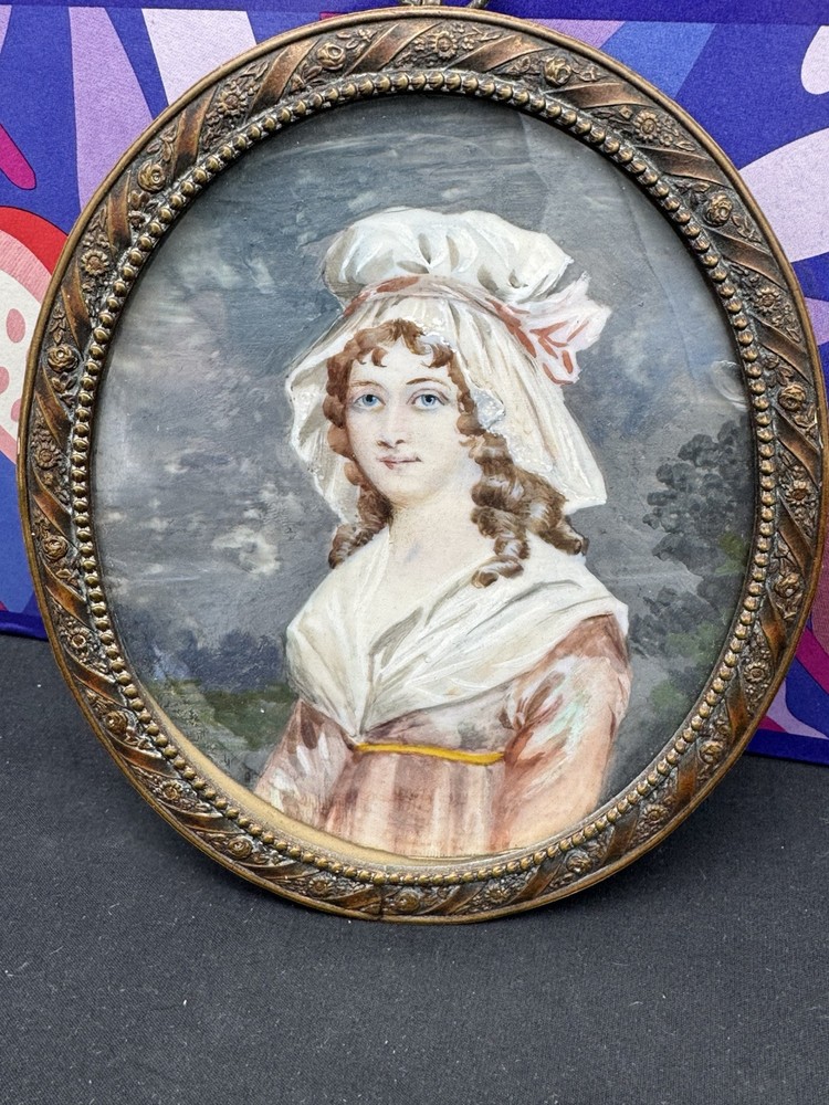 Antique Watercolor Miniature Portrait of a Lady with Bronze Frame