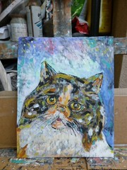 A HUNGRY CAT calico pet 8×10 Acrylic painting card panel original signed Crowell