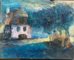 Farmhouse Night Fields Moonlight Blue Mountains Barn Hay Antique