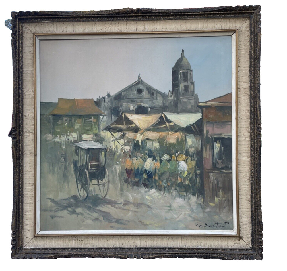 Orig1970CESAR BUENAVENTURA OIL PAINTING 37″FILIPINO IMPRESSIONISM STREET SCENE