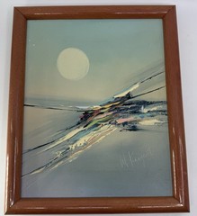 Vintage MCM W. Knight Abstract Moon Oil Painting – Eisenbruck Gallery DAMAGED