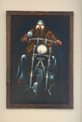 Vintage Black Velvet Biker Oil Painting With Wood Frame Rustic Motorcycle Decor
