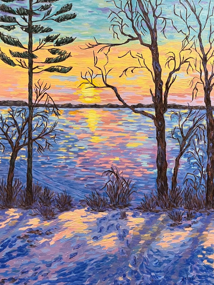 Impressionism oil painting, trees sunset snow landscape lake , size: 18” x 24”