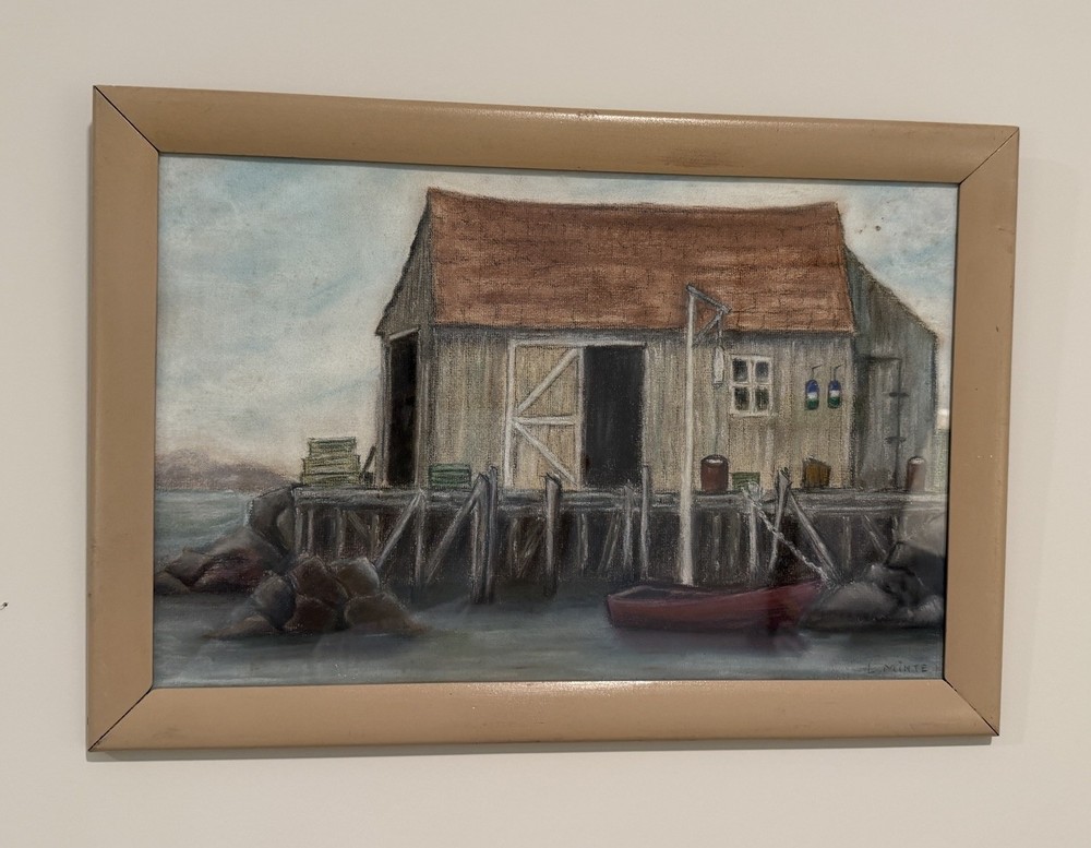 Original Coastal Harbor Painting Signed L. Minte Fishing Shack Dock Nautical