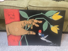 MICHAEL BANKS Outsider FOLK ART PAINTING Hand ROSE Bird 16 x 24″ ALABAMA
