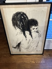 ISRAELI ART MOSHE GAT WATERCOLOR MOTHER And CHILD Original