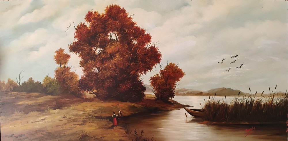 „Autumn Days at the Lake“ by Imre Buvary 15×30 Lakescape Original Oil/Masonite