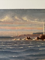 WILLIAM HILLIARD PAINTING ANTIQUE COASTAL LIGHTHOUSE BEACH LANDSCAPE FAMOUS OIL