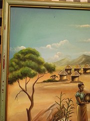 African Village Oil On Canvas Painting by J.H Chilungo 17 1/2 x16 1/4 H Framed