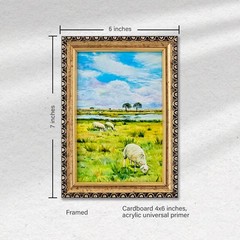 Original Oil Painting Grazing Sheep Meadow Landscape 4×6 Framed Countryside